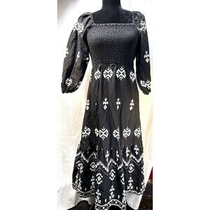 F&F Black White Geometric Smocked Square Neck Balloon Sleeve Midi Dress S size-6